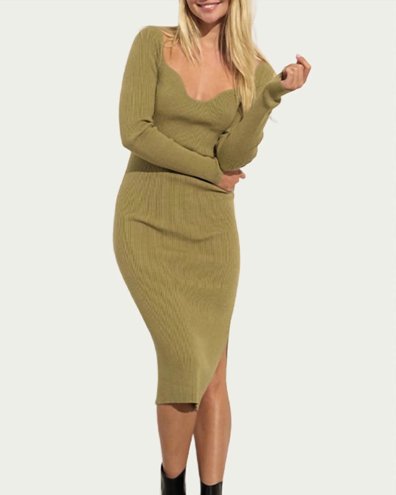Front of a model wearing a size L Ribbed-Knit Sweetheart-Neck Midi Dress in Olive in Olive by PAPERMOON. | dia_product_style_image_id:335147